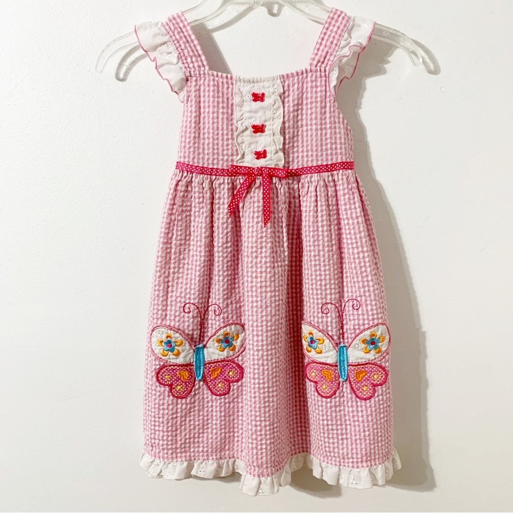 Youngland Seersucker Gingham Check Sleeveless Dress Appliqued Butterfly Detail 🦋